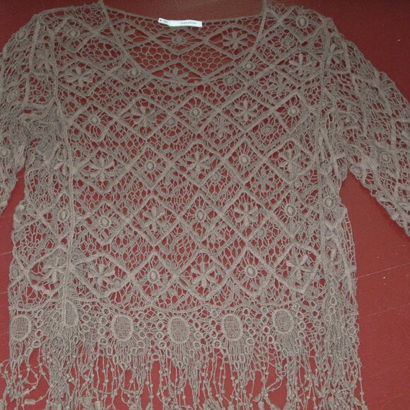 Bohemian crocheted lace dark green long sleeve fringed top size medium - Picture 4 of 10
